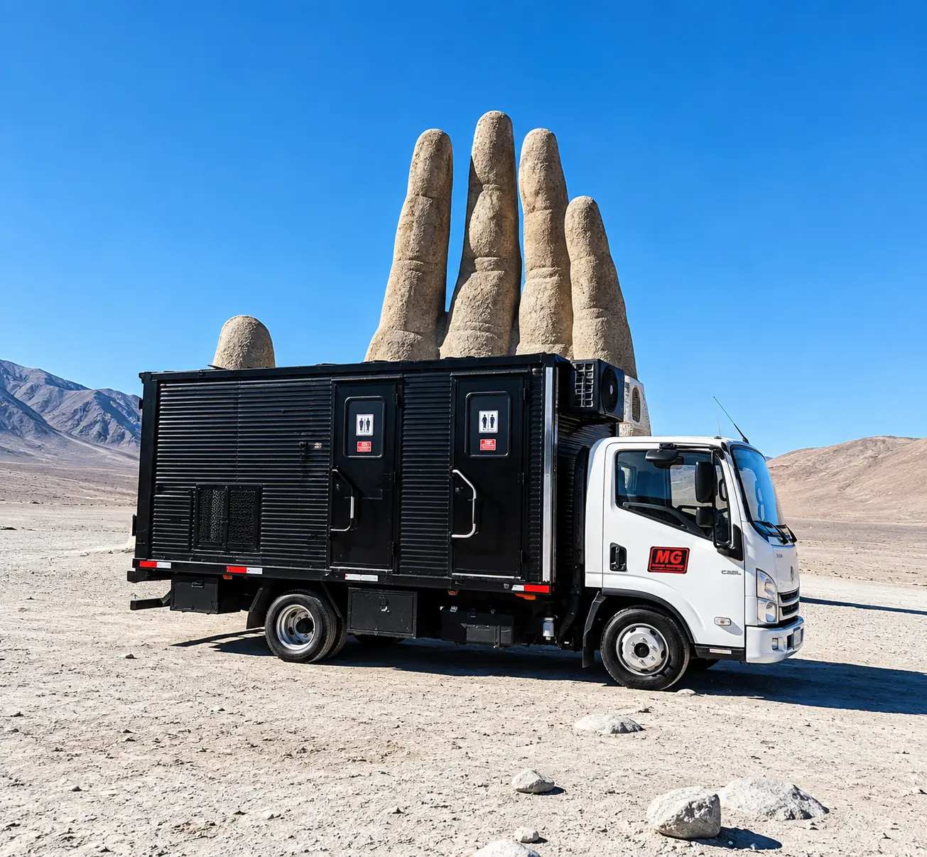 Camión MG con caja negra de camarines estacionado en el desierto, junto a la escultura Mano del Desierto.