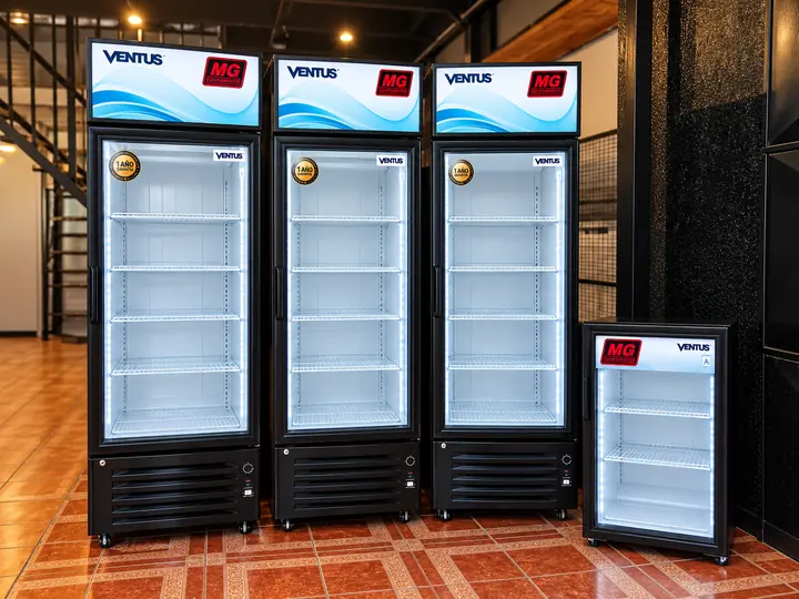 Cuatro refrigeradores verticales con vitrina y logo MG.